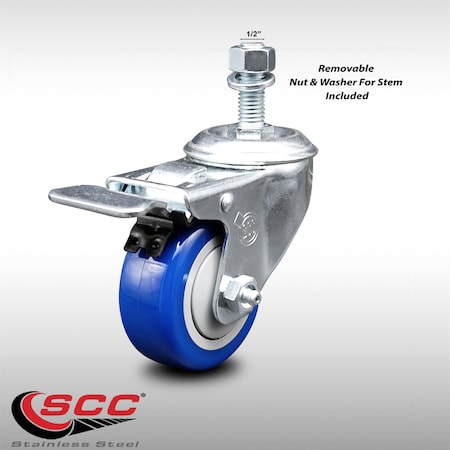 Service Caster 3 Inch SS Blue Polyurethane 1/2 Inch Threaded Stem Caster with Total Lock Brake SCC-SSTSTTL20S314-PPUB-BLUE-121315